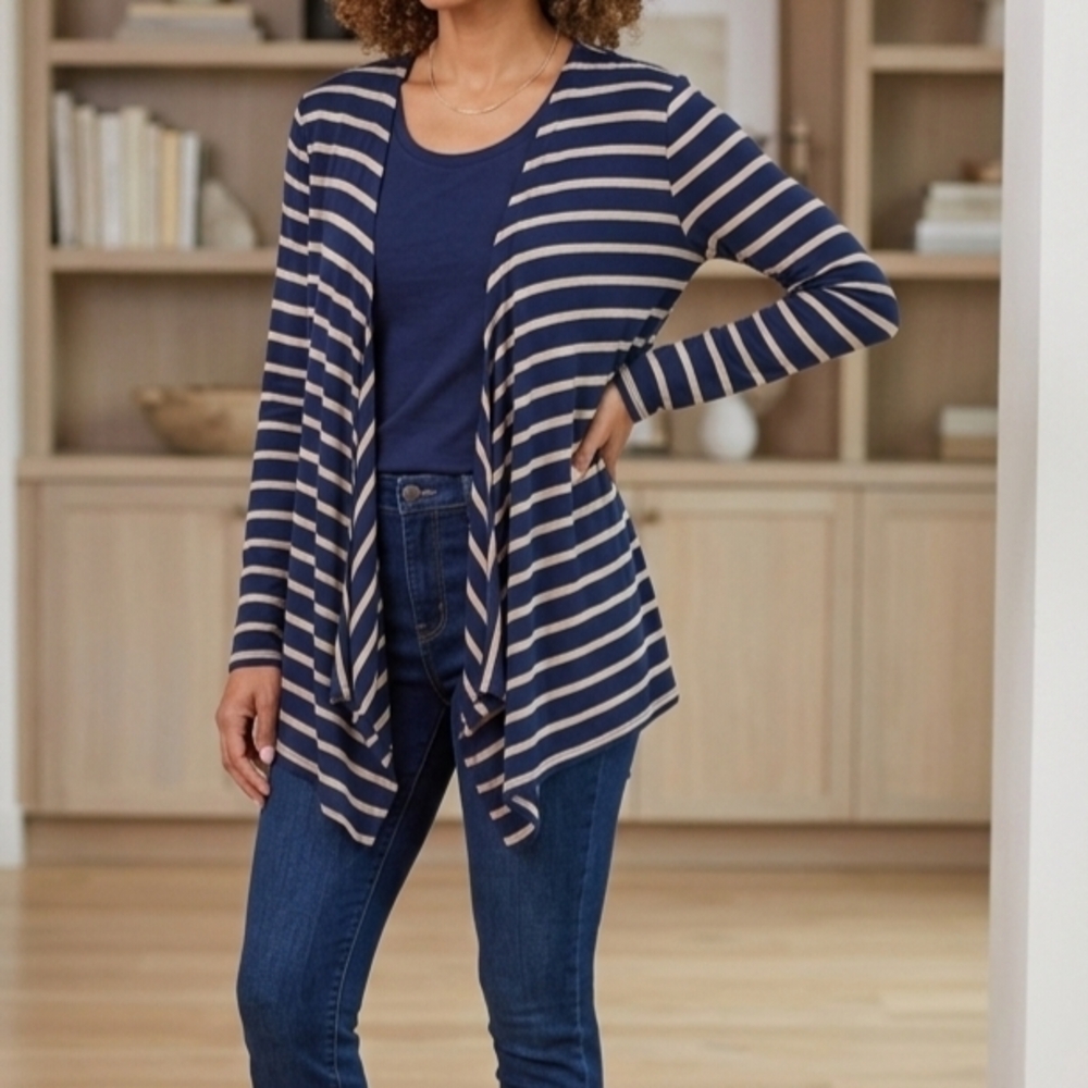 Michael Kors Navy and Beige Striped Knit Open Cardigan With Zipper Accents L